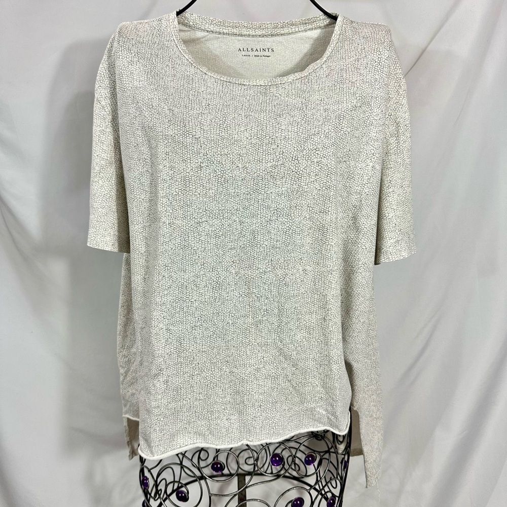 Allsaints white animal print high low tee size L